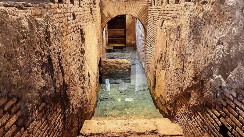 A imagem mostra uma estrutura subterrânea de tijolos antigos, caracterizada por paredes robustas e um teto arqueado. Há uma escada de pedra que leva a uma área mais baixa, parcialmente submersa em água cristalina. A arquitetura sugere uma construção histórica, possivelmente romana, com detalhes de alvenaria bem preservados. A luz natural ilumina o espaço, destacando as texturas das paredes e a transparência da água. Este local é provavelmente uma parte do subterrâneo da Fontana di Trevi