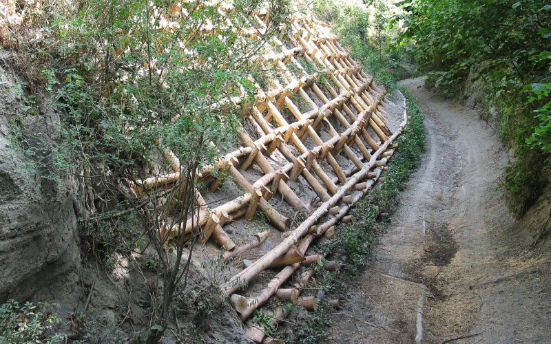 A imagem mostra uma trilha estreita cercada por vegetação, com uma barreira de madeira construída ao longo da encosta para reforçar o terreno. A estrutura de madeira parece robusta, composta por troncos entrelaçados, que ajudam a estabilizar o solo. A trilha segue suavemente ao lado da encosta, criando um caminho seguro e protegido em meio à natureza.