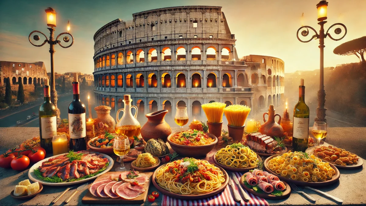 Cena vibrante de um banquete romano tradicional com o Coliseu ao fundo durante o pôr do sol. A mesa está repleta de pratos típicos italianos, incluindo diferentes tipos de massas, carnes curadas, pães, queijos e garrafas de vinho. Tochas e iluminação suave criam uma atmosfera acolhedora e festiva, destacando a grandiosidade histórica de Roma.