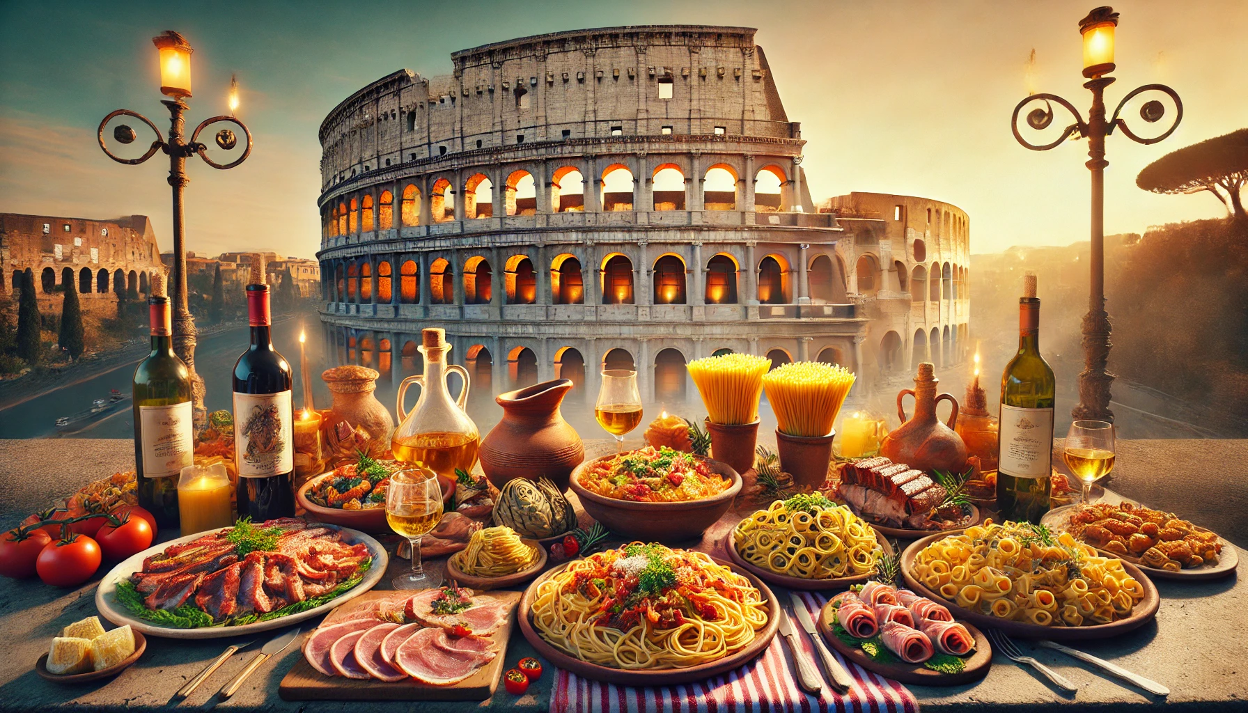 Cena vibrante de um banquete romano tradicional com o Coliseu ao fundo durante o pôr do sol. A mesa está repleta de pratos típicos italianos, incluindo diferentes tipos de massas, carnes curadas, pães, queijos e garrafas de vinho. Tochas e iluminação suave criam uma atmosfera acolhedora e festiva, destacando a grandiosidade histórica de Roma.